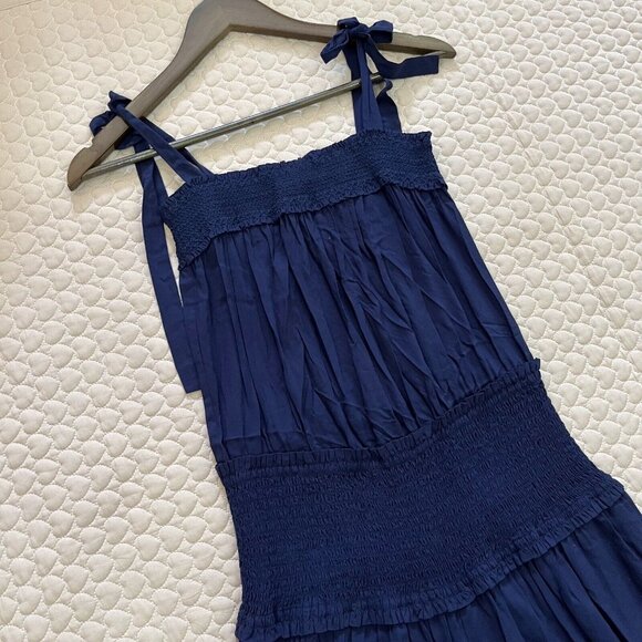 NWOT Tory Burch Smocked Shoulder-Tie Jumpsuit Size XS Navy Blue - Picture 3 of 13